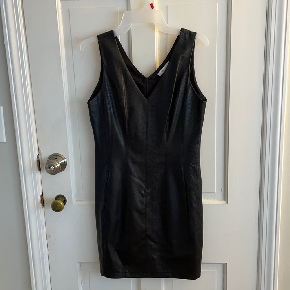 black leather v neck mini dress